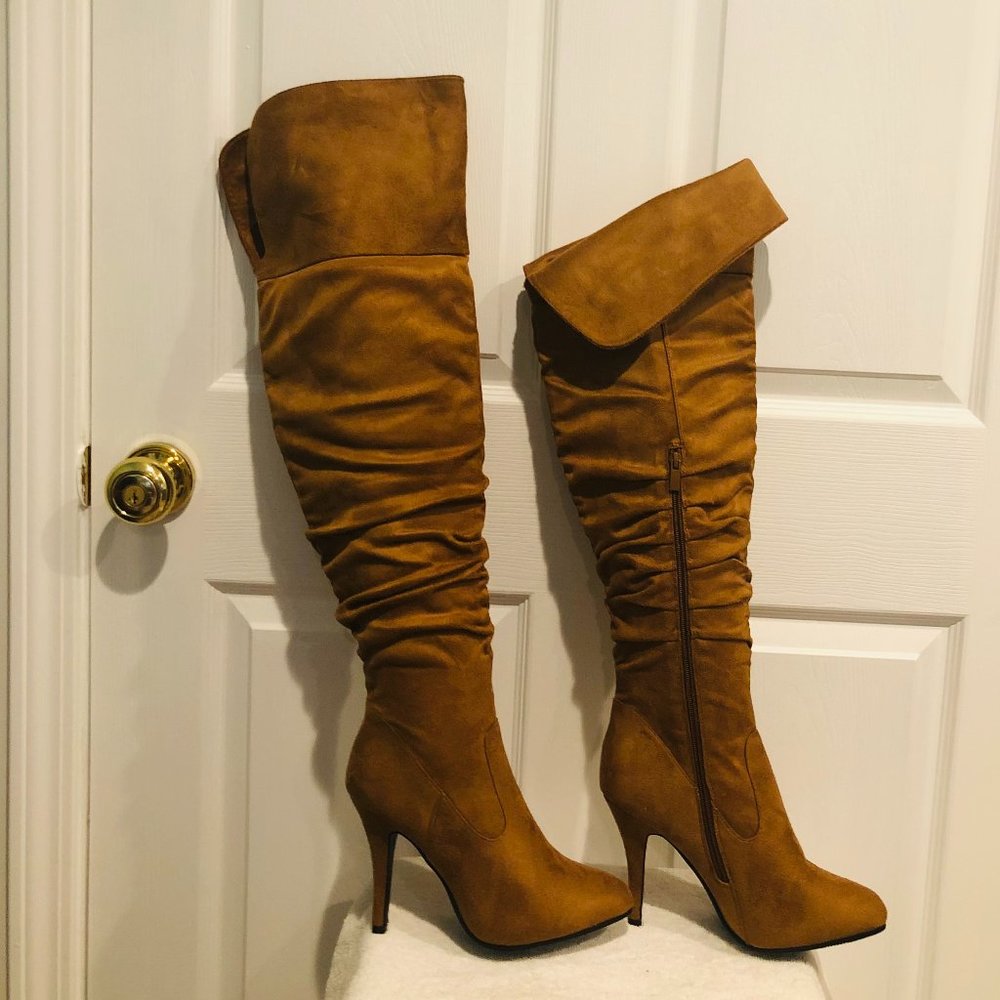 Forever caramel brown suede like thigh high heeled boot